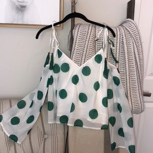 Line & Dot Cold Shoulder Green White Polkadot Top